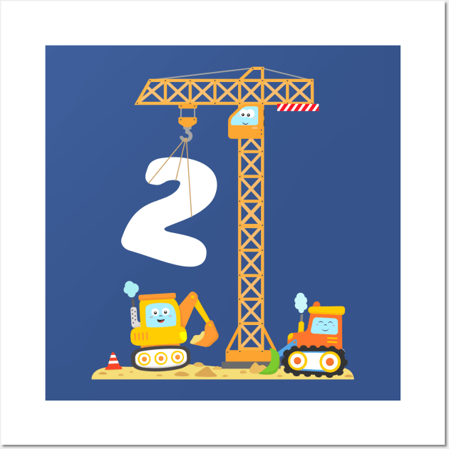 Birthday Boy 2 Year Construction Crane Excavator Bolldozer Toddler Wall Art by samshirts